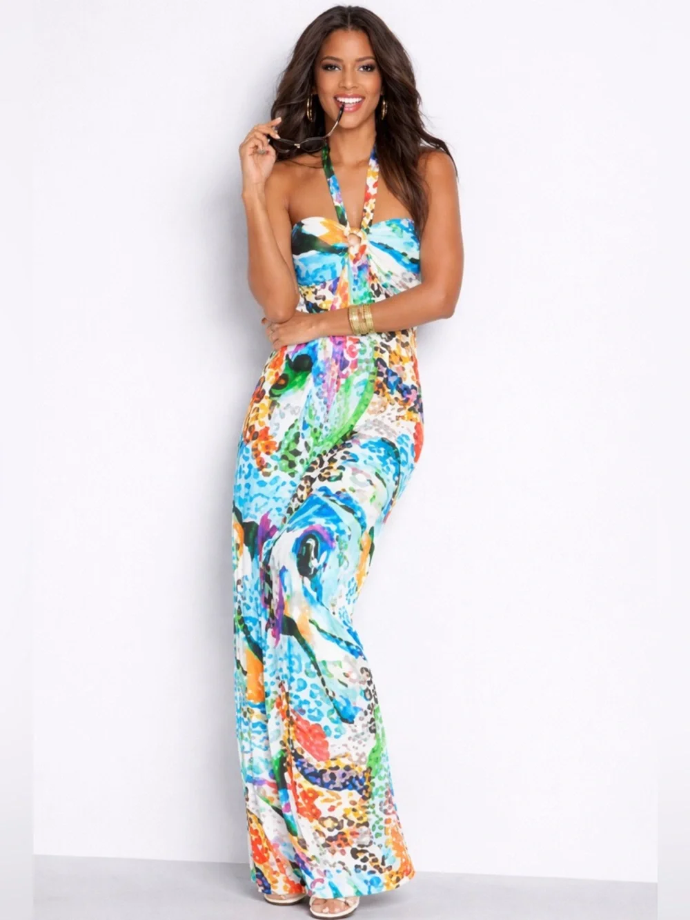 VENUS Multicolor Tie-Front Maxi Dress in Aqua, Blue, Pink and Leopard Print - Picture 1 of 8